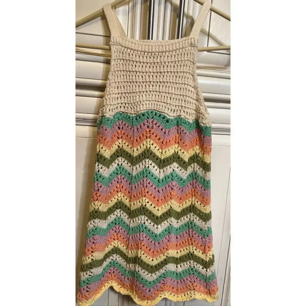 Zara Girls Chevron Sleeveless Square Neck Crochet Sundress Multicolor Size 8-9